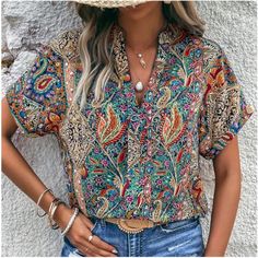 Boho Paisley Print Notched Neck Loose Fit Blouse S M L 1x 2x 3x 4x , 100% Polyester, Ships In 7-8 Days Cheap Bohemian Crew Neck Blouse, Flowy Vibrant Print Blouse, Casual Multicolor Boho Print Blouse, Non-stretch Bohemian Blouse For The Beach, Casual Flowy Boho Print Blouse, Flowy Boho Print Casual Blouse, Summer V-neck Paisley Print Blouse, Casual Multicolor Paisley Print Tops, Summer Paisley Print V-neck Blouse