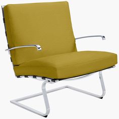 a yellow chair sitting on top of a white metal frame with an armrest and foot rest