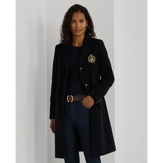 Lauren’s signature embroidered crest patch and crest-embossed buttons lend to the timeless appeal of this tailored coat which is rendered in a warm wool blend for a polished look. Tailored Coat, Wool Blend Coat, Ralph Lauren Womens, Navy Color, Polished Look, Coats Jackets Women, Lauren Ralph Lauren, Wool Blend, Coats For Women