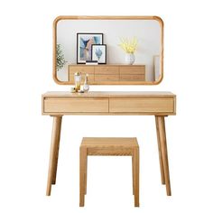 a wooden desk with a mirror and stool in front of it on a white background