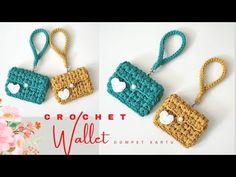 three crocheted purses with hearts hanging from them