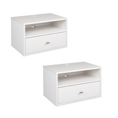 two white nightstands side by side against a white background with one drawer open and the other closed