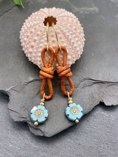 Blue Flower Leather Dangle Earrings, Boho Leather Earrings, Czech Glass Beaded Leather Earrings, Gold & Brown Leather Loop Earrings - Etsy Blue Bohemian Leather Earrings, Bohemian Turquoise Leather Earrings, Bohemian Blue Leather Earrings, Blue Leather Bohemian Earrings, Everyday Bohemian Dangle Flower Earrings, Blue Bohemian Hand-tooled Earrings, Brown Bohemian Drop Flower Earrings, Handmade Brown Bohemian Flower Earrings, Boho Leather Jewelry