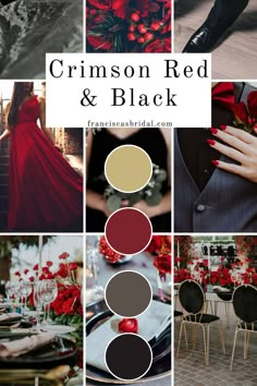 red and black wedding color palettes with text that reads, crimson red & black