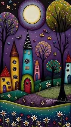 a painting of houses and trees in the night