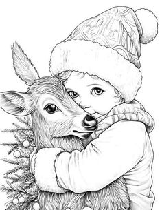 a drawing of a child hugging a deer with a santa hat on it's head