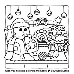 a black and white christmas coloring page with an image of santa claus in the living room