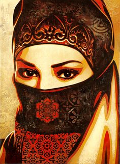 a painting of a woman wearing a black veil and red bandanna over her face