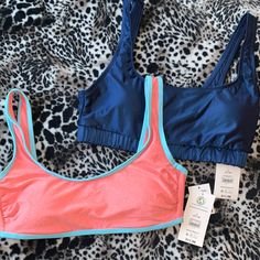 Last Chance!!! Nwt Juniors Large (Medium Womens) Lot (2) Nobo Pink Metallic/Light Blue Trim Clasp Back Removable Pads Pit To Pit Approx 15” Shiny Navy (Storm) Blue Sport Bra Like Removable Pads Pit To Pit Approx 15 1/2” Polyester And Spandex Blue Summer Sports Bra For Sports, Sporty Pink Sports Bra For The Beach, Blue Summer Sports Bra, Summer Blue Sports Bra, Blue Sports Bra For Summer Sports, Seamless Blue Swimwear For Sports, Pink Athleisure Swimwear With Built-in Bra, Blue Stretch Sports Bra For Summer, Pink Sports Bra For Poolside