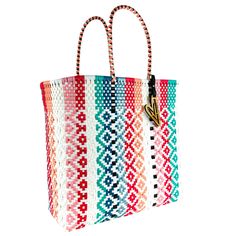 Indulge in luxury with our Valentina Tote, featuring the timeless Maria Victoria Bag in a captivating handwoven design. Made from repurposed plastic, this versatile bag is perfect for poolside lounging, beach outings, grocery excursions, and everyday tasks. With easy cleaning and fade-resistant colors, you'll never want to leave without it. Measurements: length x depth x height with handle length Medium(TT): 13.58x7x13 with 10.5 inch handles Large(OR): 15.5x7.5x15 with 8 inch handles Extra Large Modern Woven Leather Beach Bag, Beach Bags With Intrecciato Weave, Multicolor Rectangular Bag For Poolside, Multicolor Rectangular Poolside Bag, Multicolor Rectangular Beach Bag For Poolside, Multicolor Recyclable Beach Bag For Vacation, White Woven Leather Straw Bag For Beach, Modern Woven Beach Bags, Modern White Bags For The Beach