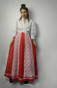 Red and white lace maxi peasant skirt by Carefree Fashions. Brand: Carefreee Fashions Measurements, flat: Waist: 31-41 cm x2 (12.20''-16.14 x2) Overall length: 102 cm (40.16'') Model in the photos is size 8UK/4US; 164 cm/5'5''. Material: polyester Condition: very good vintage condition (few small spots, there seems to be a light color run on white areas, which are not visible because of red lining underneath). Please mind, that according to camera setting your monitor type the color might be sli Curtain Skirt, Red Bohemian Relaxed Skirt, Bohemian Embroidered Red Skirt, Red Flowy Vintage Skirt, Red Vintage Flowy Skirt, Bohemian Red Non-stretch Skirt, Long Wool Skirt, Carefree Fashion, Western Skirts