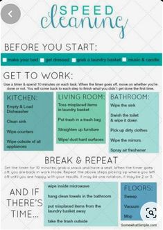 a poster with the words speed cleaning before you start get to work living room, bathroom and