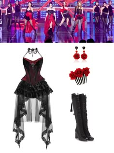 Red And Black Kpop Outfit, Kpop Idol Performance Outfits, Aespa Drama Outfit, Singer Outfit Ideas, Red Kpop Outfits, Aespa 5th Member, Red And Black Outfits, Lizzie Hearts, Kpop Concert Outfit