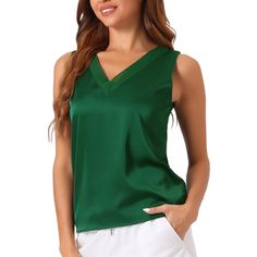 This vest has a satin surface, light and slightly textured, skin friendly and breathable, perfect for hot summer days. A stylish V-neck accentuates the neckline. The regular fit easily covers excess fat. This adorable women's sleeveless tank top has a silk look that's comfortable, luxurious, stylish, and soft to the touch! Fashionable women's summer tank tops are a great choice for your daily life. Versatile style, no matching worries, it looks great with a variety of jeans, shorts, and skirts, Elegant Green Camisole Tank Top, Green Fitted Camisole Tank Top, Green Summer Camisole With Built-in Bra, Compressive Sleeveless Green Tank Top, Womens Tank Tops Summer, Green Stretch V-neck Camisole, Summer Basics, Summer Tank, Summer Tank Tops