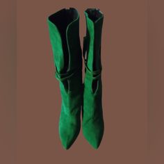 Green Stiletto Heel Boots Green Knee-high Heeled Boots For Spring, Chic Green Pointed Toe Heeled Boots, Chic Green Heeled Boots For Party, Elegant Green Heeled Boots For Party, Green Suede Spring Boots, Green Suede Boots For Spring, Elegant Green Heeled Boots For Fall, Elegant Green Boots For Party, Green Fitted Boots For Formal Occasions