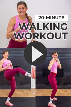 a woman in pink shirt and red leggings doing an exercise with the words 20 - minute walking workout