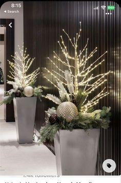 two planters with christmas decorations and lights in them