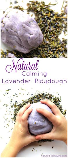 hands holding a lavender playdough with the words natural calming lavender playdough