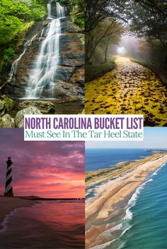 the north carolina bucket list must see in the tah - head state, including lighthouses and waterfalls