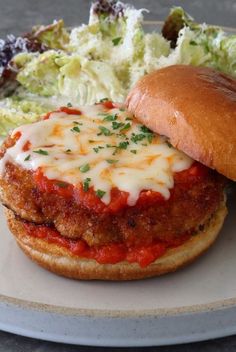 a sandwich with meat and cheese on a plate next to lettuce, salad