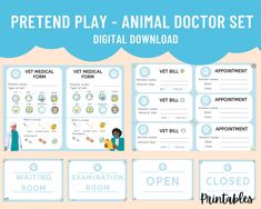 the pretend play animal doctor set is shown in blue and white with text that reads pretend play animal doctor set