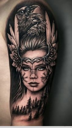 a woman with an eagle on her head is shown in this tattoo design by the artist