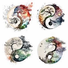 four different yin - yang symbols with trees and birds