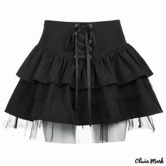 Olivia Mark - High-waisted Mesh Panel Midi Skirt with Belted Design and Pleated Flared Hem in Gothic Style Mall Goth Skirt, Black Tutu Skirt, Woman Streetwear, Dark Skirts, Goth Skirt, E Girl Outfits, Puffy Skirt, Tiered Mini Skirt, Tiered Skirts