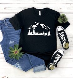 Mountain Shirt, Mountain Silhouette Shirt, Camp Outdoors Nature Campers T-Shirt Tent Forest Camper Nature Lovers Gift Shirt for Men - Women My shirts, sweatshirts, and tanks are a fun and joyous way to show your style while shopping, heading to the beach, and bringing your children to social events, family outings, and everyday life. All my t-shirt designs are direct to garment, Eco-friendly and provide the best quality and longevity.  Mountain Shirt Picture: Bears in the Forest  Sizes: S - 2XL Casual Black Crew Neck Camp Shirt, Black Crew Neck Shirt For Outdoor, Black Pre-shrunk Shirt For Outdoor Activities, Casual Graphic Print Camp Shirt, Black Crew Neck T-shirt For Camping, Crew Neck Top For Camping, Black Letter Print T-shirt For Hiking, Black Hiking T-shirt With Letter Print, Casual Crew Neck Camp Shirt For Outdoor Activities