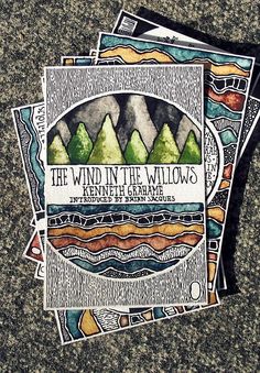 three stickers with the words, the wind in the willows and mountains on them