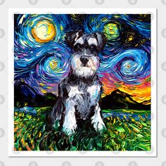 a black and white dog sitting on top of a grass covered field under a night sky with stars