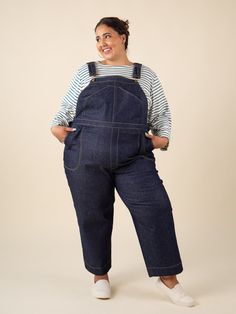 Inspired by vintage work-wear, Jenny is a modern interpretation of classic overalls and wide-leg trousers with an ultra-high rise, sleek, functional details and a comfortable all-day-long fit. Make a more sophisticated version of dungarees with our well-proportioned bib and optional utility pocket, or omit the bib entirely and make a pair of wide-legged cropped pants, full-length pants or shorts. Optional details abound; mix and match the curved slash front pockets, faux fly front, single or dou Jenny Overalls, Dungarees Pattern, Building Your Wardrobe, Painted Overalls, Overalls Pattern, Shirt Patterns, Professional Pants, Trousers Pattern, Patterns Dress