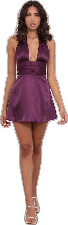 Flirty Satin Dress For Wedding, Solid Mini Length Satin Dress, Flirty Satin Prom Dress, Purple Sleeveless Satin Party Dress, Purple Sleeveless Satin Dress For Party, Sleeveless Purple Satin Party Dress, Satin Mini Dress With Satin Bow For Prom, Elegant Purple Satin Prom Dress, Elegant Purple Satin Dress