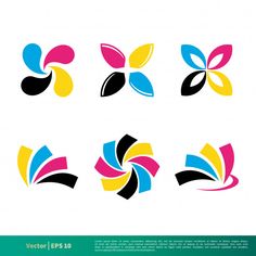 four different colored flower logos with leaves on the top and bottom, one is blue, yellow