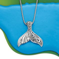 Ross-Simons - Sterling Silver Bali-Style Whale Tail Pendant Necklace. 18". A cultural symbol of strength, a whale's tail is the most powerful feature of the magnificent ocean dweller. Here, an oxidized sterling silver whale's tail pendant is adorned with lifelike ripples and beautiful Bali-style scrollwork as it dangles from a sleek popcorn chain that includes a 2" extender. Embrace its deeper meaning, or simply admire the artful piece for its connection to the fascinating world under the sea. L Blue Nile Jewelry, Whale Jewelry, Whale Tail Necklace, Dolphin Pendant, Sea Life Jewelry, Family Tattoo, Deeper Meaning, Bali Style, Art Jewelry Contemporary