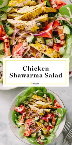 chicken shawarma salad on a plate with lettuce and tomatoes