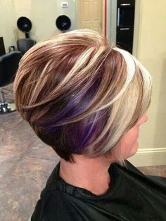 Love the chunky highlight/low light and violet peekaboos Short Light Brown Hair With Blonde Highlights Bob Hairstyles, Kort Bob, Line Bob Haircut, Peekaboo Highlights, Stacked Bob Hairstyles, Stacked Bob Haircut, 2015 Hairstyles, Haircut And Color