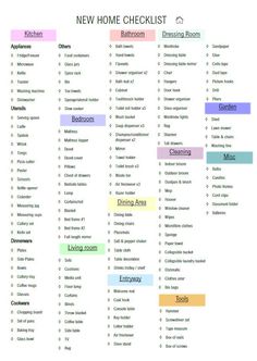 a printable new home checklist with the names and numbers in each column,