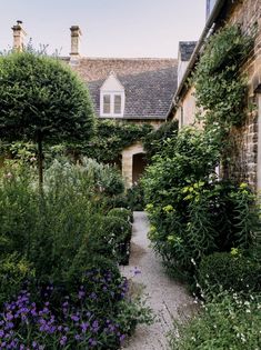 an old house is surrounded by flowers and greenery