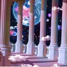 an artist's rendering of columns and planets in the sky