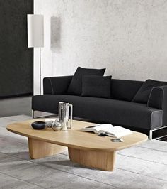 a living room with a black couch and coffee table