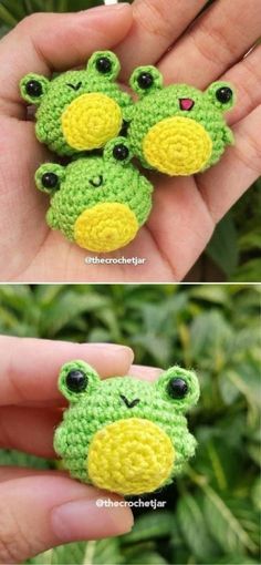 two small crocheted frog brooches in green and yellow