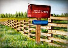 a painting of a mailbox on a wooden fence in the grass near a field