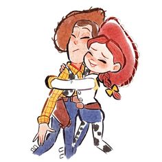 a drawing of two people hugging each other, one is wearing a cowboy hat and the other has a red hair