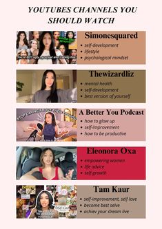 These youtubes chains will help you evolve in many aspects of your life !! Which one is your favorite ?  #glowup #selfdevelopment #lifestyle #mentalhealth #productivity #advice #dreamlife #youtubechannel #girl #girlsgirls #bestversionofyourself #simonesquared #thewizardliz #abetteryoupodcast #eleonoraoxa #tamkaur How To Become More Likable, Youtubers For Self Improvement, Pinterest About Me Ideas, Youtubers You Should Watch, Self Help Youtubers, Life Changing Advice, Good Youtubers To Watch, Youtube Channels For Self Growth, Youtube Channel Recommendation