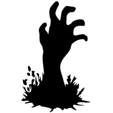 a black and white silhouette of a zombie hand coming out of the ground with leaves