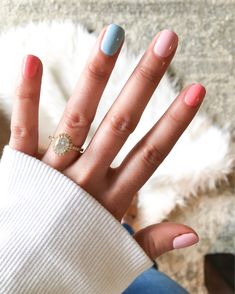 Multi Colored Nails, Nails Dipped, Yellow Gold Halo Engagement Ring, Nails Short Acrylic, Gold Halo Engagement Ring, Multicolored Nails, Gel Colors, Pretty Nail Colors, Summer Slide