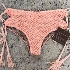 New W Tags :) Pink String Swimwear For Beach Season, Pink Crochet Swimwear For Vacation, Pink String Swimwear For Summer, Summer Fishnet Swimwear For Beach, Summer Beach Fishnet Swimwear, Lace Swimwear For Spring, Fitted Crochet Lace Bottoms For Beach, Summer Lace Swimwear With Stretch, Summer Lace Stretch Swimwear