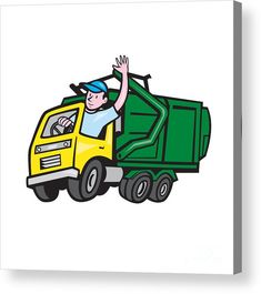 a man waving from the back of a green dump truck canvas print featuring an image of a