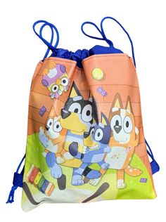 an orange and blue bag with cartoon characters on the front, featuring two cats in it